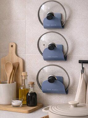 Set of 3 Wall Mounted Pot Lid Holder Rack | Adhesive Kitchen Organizer Blue